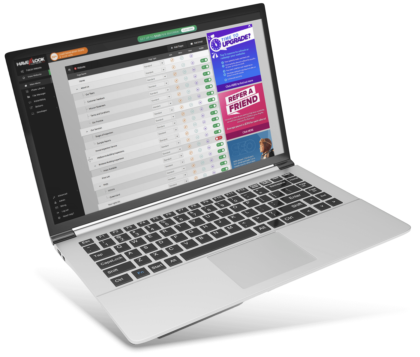 Havealook's CMS page list with features and promos