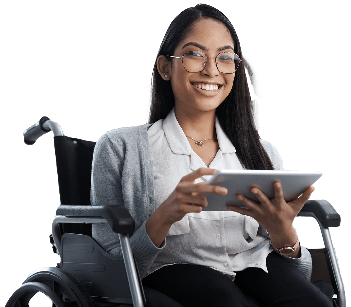 Woman in a wheelchair holding and iPad
