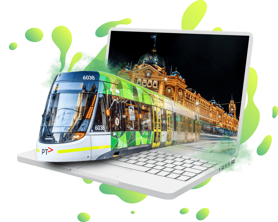 Image of a Melbouren Tram in front of Flinders Street flygin out of a laptop
